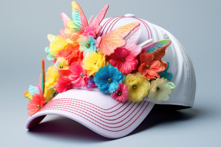 A stylish baseball cap adorned with colorful flowers and delicate butterflies. Perfect for adding a touch of nature and beauty to your outfit. Ideal for casual outings and outdoor events.の素材
