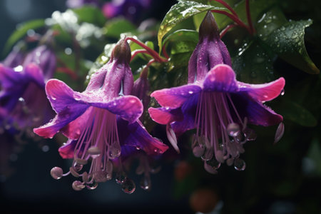A beautiful bunch of purple flowers covered in sparkling water droplets. Perfect for adding a touch of elegance and freshness to any project or design.の素材