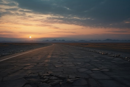 A picture of a paved road in the middle of a desert at sunset. Perfect for travel, adventure, or scenic themed projects.の素材