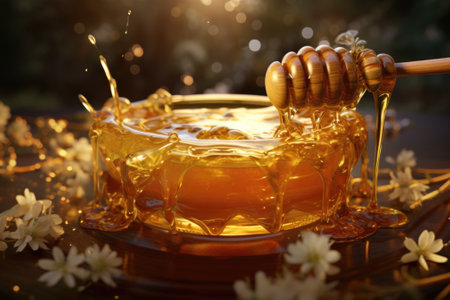 A jar of honey with a wooden stick protruding from it. This versatile image can be used to depict natural sweetness, healthy eating, or as a sweetener in various recipes.の素材