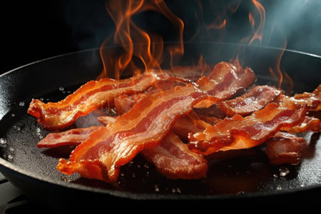 A picture of bacon cooking in a frying pan on a stove. This image can be used to showcase the process of cooking bacon or to illustrate a recipe involving bacon.の素材