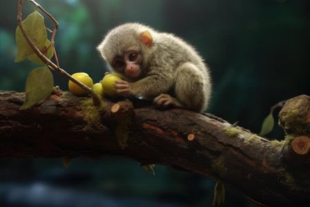 A monkey sitting on top of a tree branch, enjoying an apple. This image can be used to depict wildlife, nature, or animals in their natural habitat.の素材
