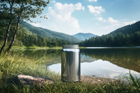 A water bottle sitting in the grass next to a body of water. This image can be used to depict outdoor activities, hydration, and environmental conservation.の素材