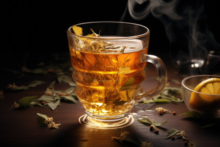 A cup of tea with fresh lemon slices and leaves. This image can be used to depict a refreshing beverage or for concepts related to health, relaxation, or natural ingredients.の素材