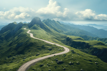 A scenic dirt road winding its way through a beautiful, vibrant green valley. Perfect for nature and travel-related projects.の素材