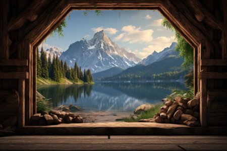 A picturesque view of a mountain lake seen through a window. Perfect for adding a touch of nature to any space.の素材