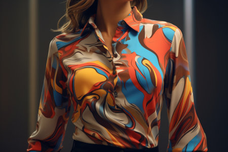 A woman wearing a colorful shirt and black pants. This versatile image can be used for fashion, lifestyle, or business-related projects.の素材