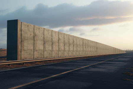 A picture of a large concrete wall running alongside a highway. This image can be used to depict urban infrastructure or as a background for transportation-related designs.の素材