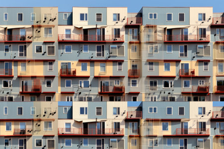 A multi-story apartment building featuring balconies and spacious balconies. Perfect for real estate, architectural design, and urban living concepts.の素材