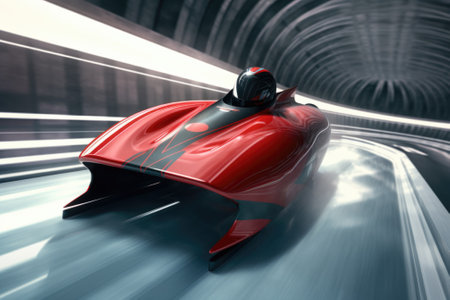A high-speed red boat zooming through a tunnel. Perfect for illustrating speed and adventure. Ideal for travel magazines, brochures, or websites.の素材