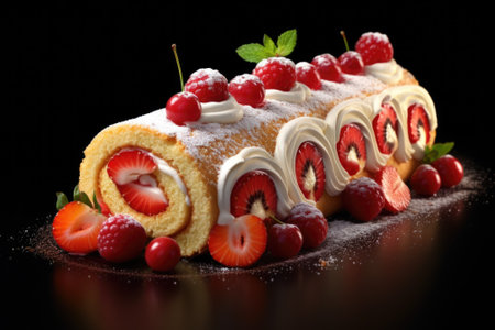 A delicious roll cake topped with fresh strawberries and cherries. Perfect for a sweet treat or special occasion dessert.の素材