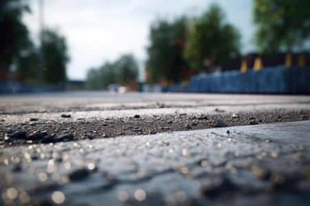 A close up view of a street with water on it. This image can be used to depict rainy weather or urban scenes after rainfall.の素材