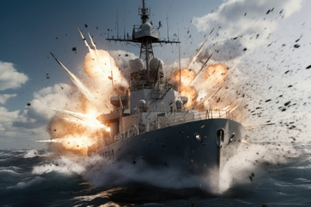 A large ship billows smoke as it sails across the sea. This image captures the industrial nature of maritime transportation. Suitable for use in articles, presentations, or advertisements related to shipping, pollution, or transportation.の素材