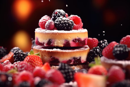 A close-up view of a cake adorned with delicious, juicy berries on top. Perfect for bakery promotions or food-related designs.の素材