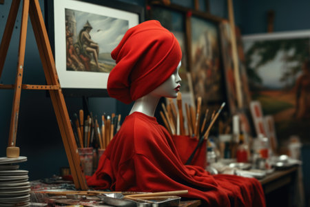 A mannequin dressed in a red dress and wearing a red turban. This versatile image can be used for fashion, style, or cultural themes.の素材