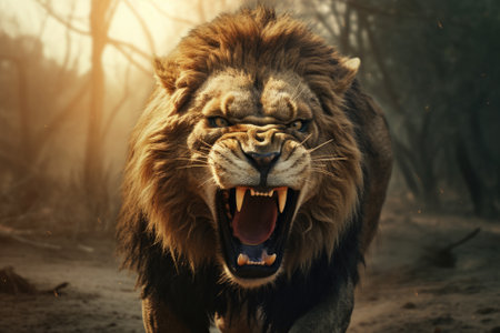 A detailed close-up of a lion showing its powerful open mouth. Perfect for wildlife enthusiasts and animal lovers.の素材