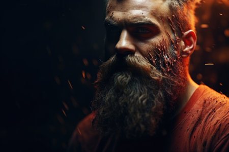 A close-up shot of a man with a beard. This image can be used to depict masculinity, fashion, grooming, or a rugged look.の素材