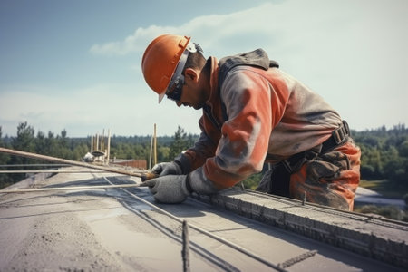 A construction worker is seen working on a roof. This image can be used to depict construction work, roofing projects, or skilled labor.の素材