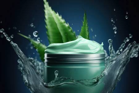 A jar of aloe vera cream with aloe vera leaves coming out of it. This image is perfect for showing the natural and soothing properties of aloe vera in skincare products.の素材