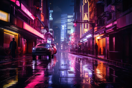 A car driving down a city street at night. Perfect for illustrating the hustle and bustle of city life and the excitement of nighttime driving.の素材