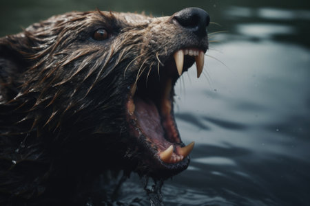 A picture of a wet brown bear with its mouth open in the water. This image can be used to depict wildlife, animal behavior, or nature photography.の素材