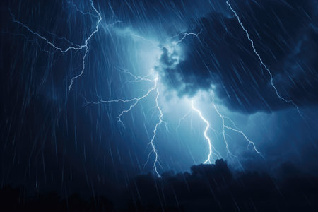 A powerful lightning bolt piercing through a cloudy sky. This striking image captures the intensity and beauty of nature's raw power. Perfect for illustrating the concept of energy, power, and natural phenomena.の素材
