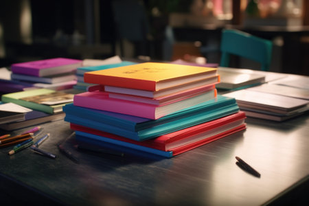 A stack of books sitting on top of a wooden table. Suitable for educational or library-themed designs.の素材