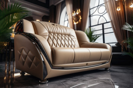 A comfortable couch placed in a living room with natural light streaming in from a nearby window. Perfect for home decor or interior design projects.の素材