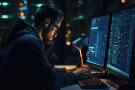 A man wearing a hoodie is focused on typing on a computer. This image can be used to represent technology, work, or online communication.の素材