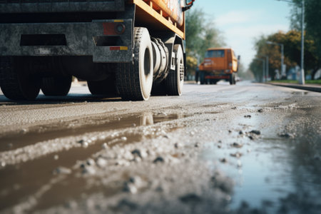 A dump truck is seen driving down a street next to a puddle of water. This image can be used to depict urban transportation or construction activities near water bodies.の素材