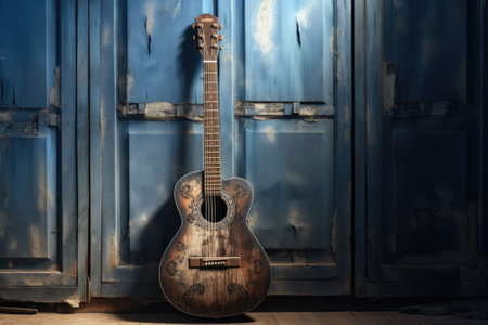 A guitar placed on a wooden floor, creating a rustic and musical atmosphere. Perfect for music-themed designs or illustrations.の素材