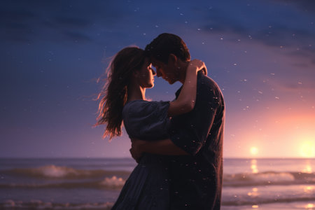 A picture of a man and a woman embracing on the beach. This image can be used to depict love, romance, vacation, or relaxation.の素材