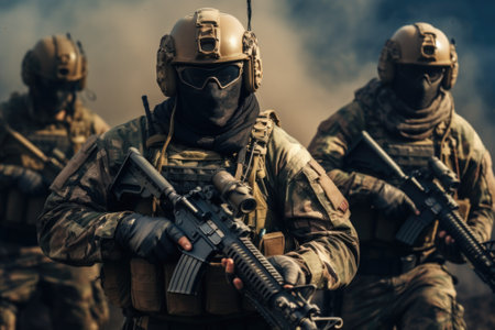 A group of soldiers wearing helmets and carrying guns. This image can be used to depict military operations, armed forces, or combat scenarios.の素材