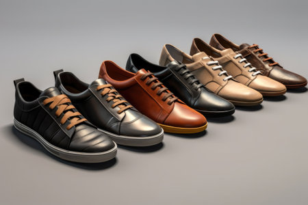 A collection of men's shoes in a variety of colors. Perfect for showing different footwear options or highlighting a diverse range of styles. Ideal for fashion-related projects or articles on men's shoe trends.の素材