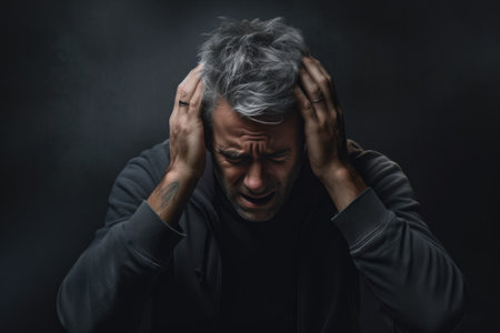 A man expressing frustration or distress by placing his hands on his head. This image can be used to represent stress, anxiety, or overwhelm in various situations.の素材