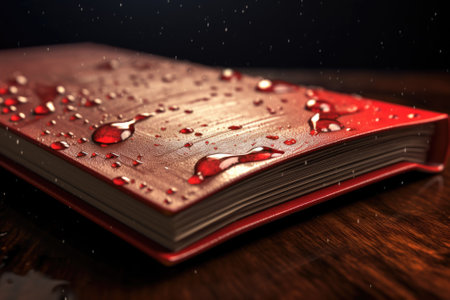 A book with water droplets sitting on a table. Perfect for illustrating concepts of knowledge, learning, or relaxation.の素材