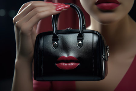 A woman dressed in a stunning red dress holding a stylish black purse. Perfect for fashion and lifestyle themes.の素材