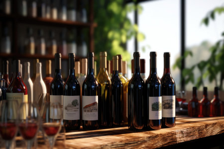 A row of wine bottles sitting on top of a wooden table. This image can be used to showcase a wine collection or for a wine-related blog or website.の素材