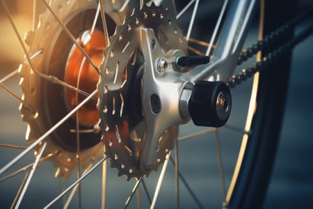 A detailed view of a bicycle's front wheel. This image can be used to showcase the intricate design and craftsmanship of a bike's wheel. It is perfect for websites, blogs, or magazines related to cycling, sports, or outdoor activities.の素材