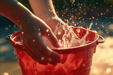 A person holding a red bucket filled with water. This versatile image can be used to depict various concepts such as cleaning, gardening, household chores, or water conservation.の素材