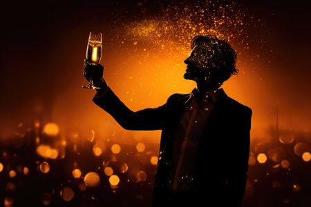A picture of a man in a suit holding a glass of champagne. This image can be used to portray elegance, celebration, or a toast.の素材