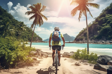 A man riding a bike on a sandy beach. Perfect for travel or outdoor adventure themes.の素材