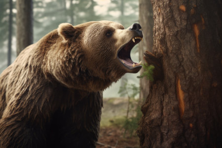 A large brown bear standing next to a tree. This image can be used to depict wildlife, nature, or forest themes.の素材