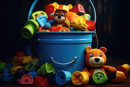 A bucket filled with various toys and a cuddly teddy bear. Perfect for children's playtime and imaginative play.の素材