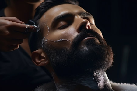 A man is using a razor to shave his beard. This image can be used to depict grooming, personal care, or men's lifestyle.の素材