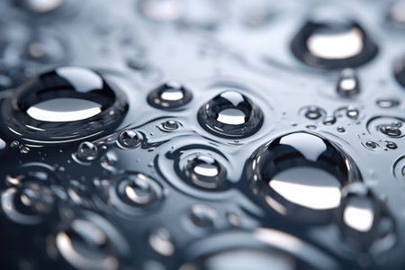 A detailed view of water droplets on a surface. Perfect for illustrating concepts like purity, freshness, and tranquility. Can be used in various projects such as nature-themed designs, spa advertisements, or product packaging.の素材