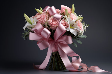 A beautiful bouquet of pink and white flowers adorned with a pink ribbon. Perfect for any occasion or as a gift.の素材