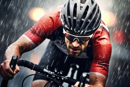 A man riding a bike in the rain. Perfect for illustrating outdoor activities in wet weather.の素材