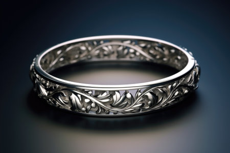 A detailed view of a silver ring placed on a table. This image can be used for various purposes, such as jewelry advertisements, wedding invitations, or fashion blogs.の素材