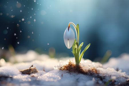 A small white flower emerges from the cold, snowy ground. This image captures the beauty of resilience and new beginnings. Perfect for illustrating the arrival of spring or the concept of hope amidst adversity.の素材